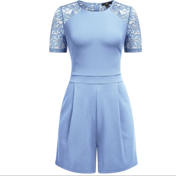 Light Blue Floral Lace Short Sleeve Jumpsuit - Picture 3 of 7